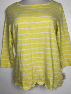 Talbots Yellow White Striped Embroidered Hem Top 3/4 Sleeve Cotton Sz Small NWT